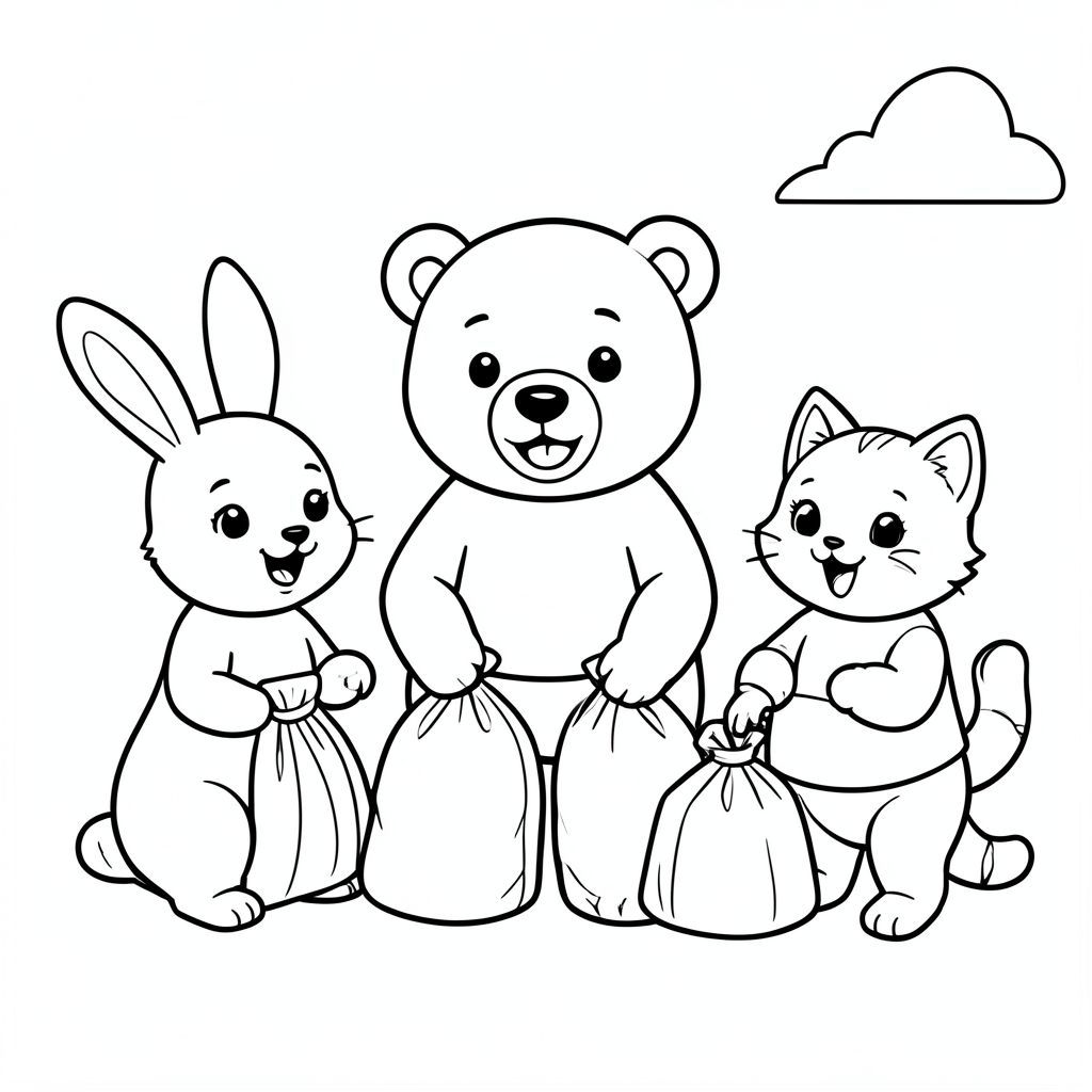 Bunny, bear, and cat packing bags for an adventure trip, excited expressions, simple scene, vector style, black and white, coloring book page, no shading, thick clean outlines, white background