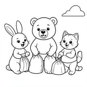 Bunny, bear, and cat packing bags for an adventure trip, excited expressions, simple scene, vector style, black and white, coloring book page, no shading, thick clean outlines, white background