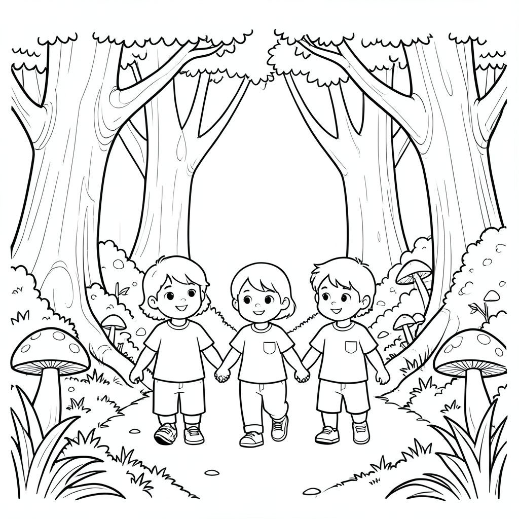 The trio walking through a magical forest with big trees and mushrooms, holding hands, vector style, black and white, coloring book page, no shading, thick clean outlines, white background