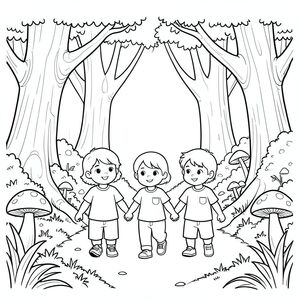 The trio walking through a magical forest with big trees and mushrooms, holding hands, vector style, black and white, coloring book page, no shading, thick clean outlines, white background