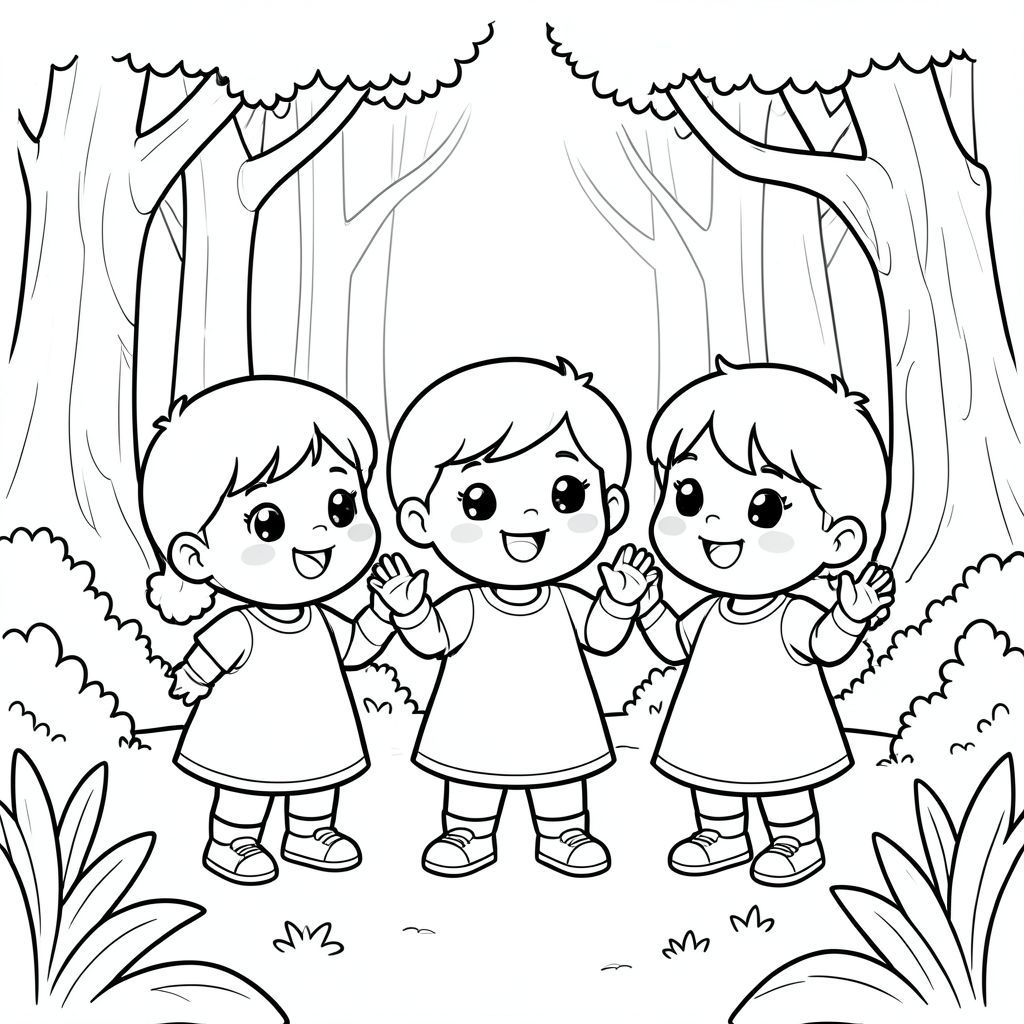 Cute kawaii trio kids meeting for the first time in a magical forest, smiling and waving, vector style, black and white, coloring book page, no shading, thick clean outlines, white background