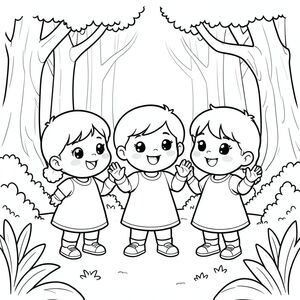 Cute kawaii trio kids meeting for the first time in a magical forest, smiling and waving, vector style, black and white, coloring book page, no shading, thick clean outlines, white background