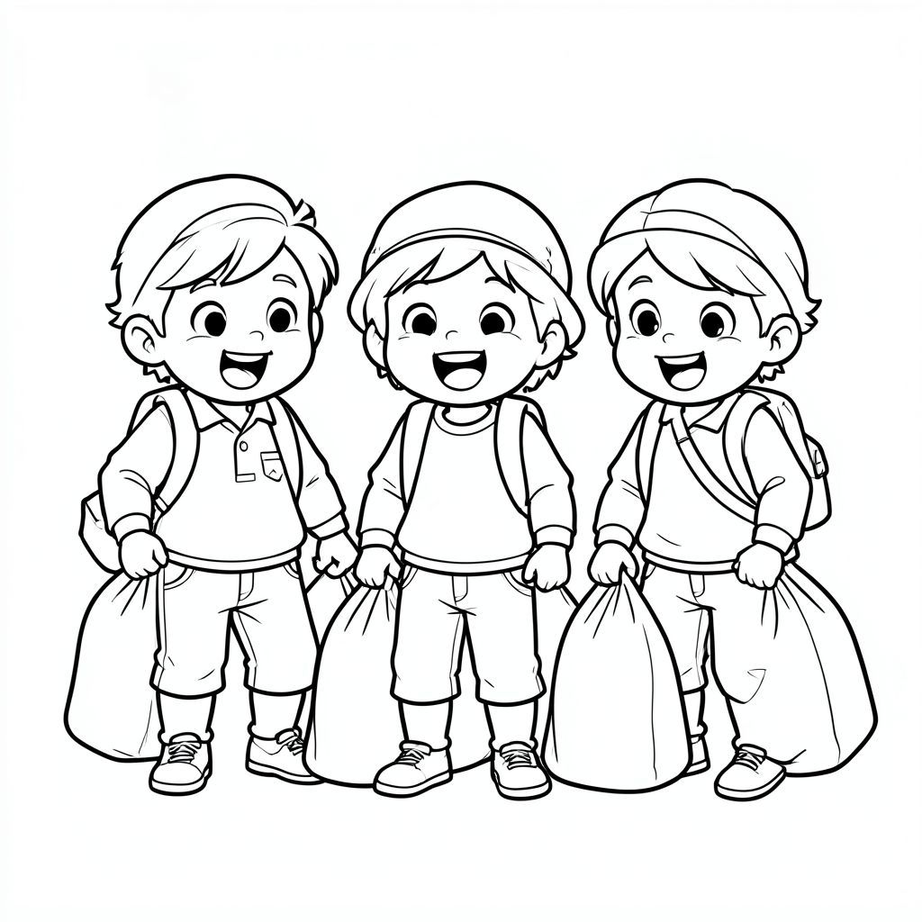 the trio packing bags for an adventure trip, excited expressions, simple scene, vector style, black and white, coloring book page, no shading, thick clean outlines, white background