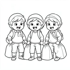 the trio packing bags for an adventure trip, excited expressions, simple scene, vector style, black and white, coloring book page, no shading, thick clean outlines, white background