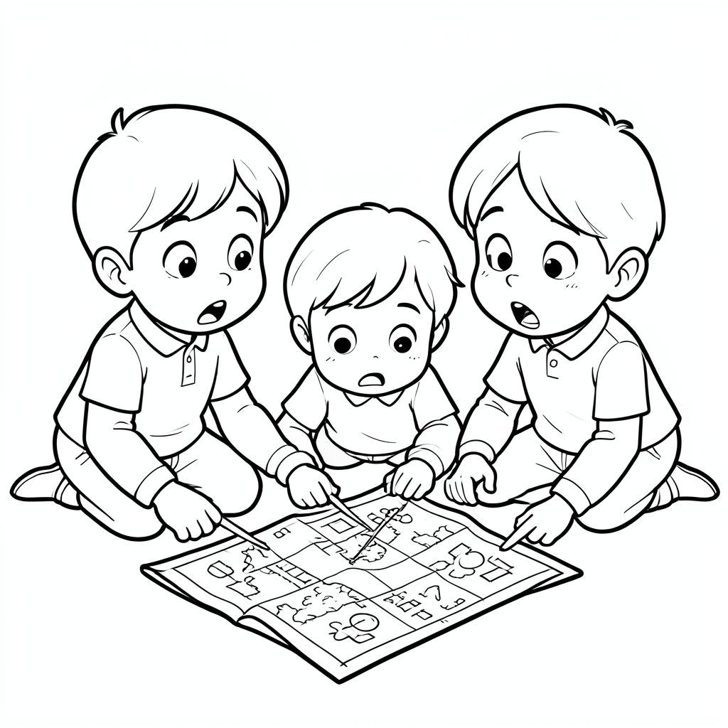 the trio discovering a hidden treasure map on the ground, surprised faces, vector style, black and white, coloring book page, no shading, thick clean outlines, white background