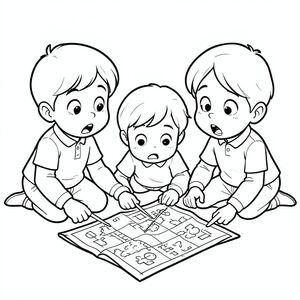 the trio discovering a hidden treasure map on the ground, surprised faces, vector style, black and white, coloring book page, no shading, thick clean outlines, white background