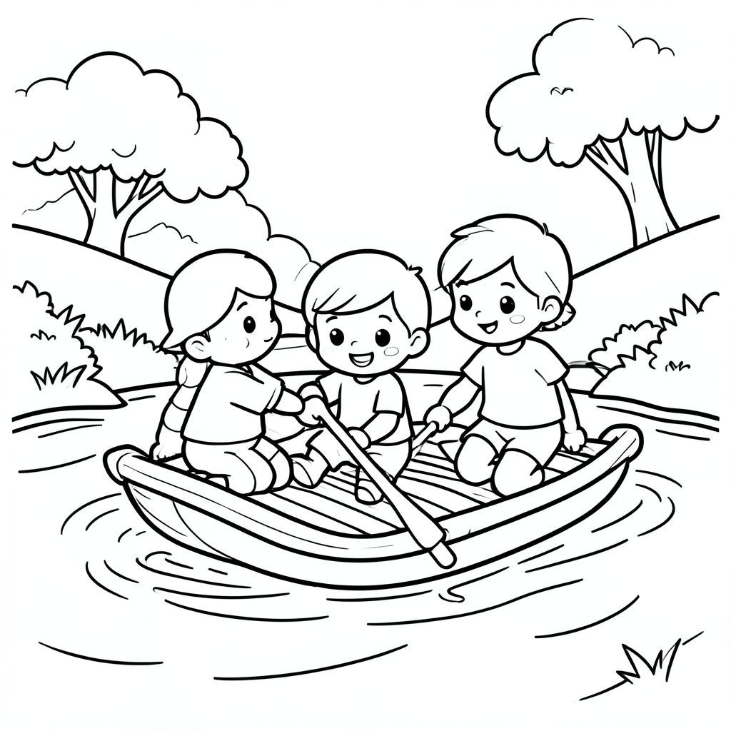 The trio building a small raft to cross a river, teamwork scene, kawaii style, vector style, black and white, coloring book page, no shading, thick clean outlines, white background
