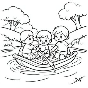 The trio building a small raft to cross a river, teamwork scene, kawaii style, vector style, black and white, coloring book page, no shading, thick clean outlines, white background