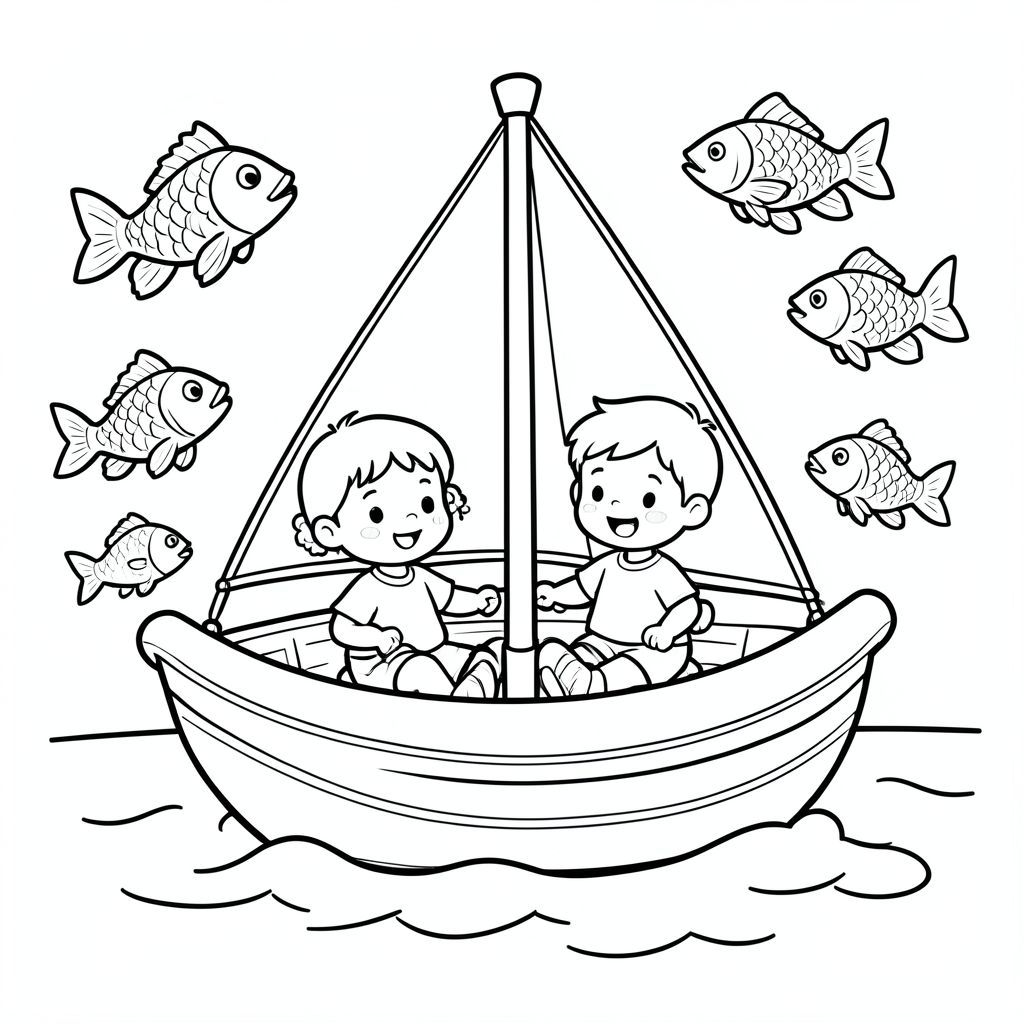 the trio sailing on a cute raft, fish jumping around, vector style, black and white, coloring book page, no shading, thick clean outlines, white background