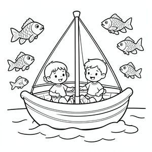 the trio sailing on a cute raft, fish jumping around, vector style, black and white, coloring book page, no shading, thick clean outlines, white background