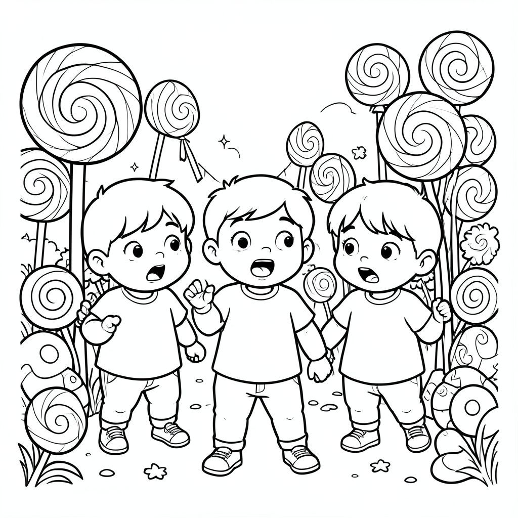 The trio arriving at a candy land full of lollipops and sweets, amazed expressions, vector style, black and white, coloring book page, no shading, thick clean outlines, white background
