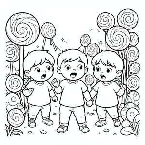 The trio arriving at a candy land full of lollipops and sweets, amazed expressions, vector style, black and white, coloring book page, no shading, thick clean outlines, white background
