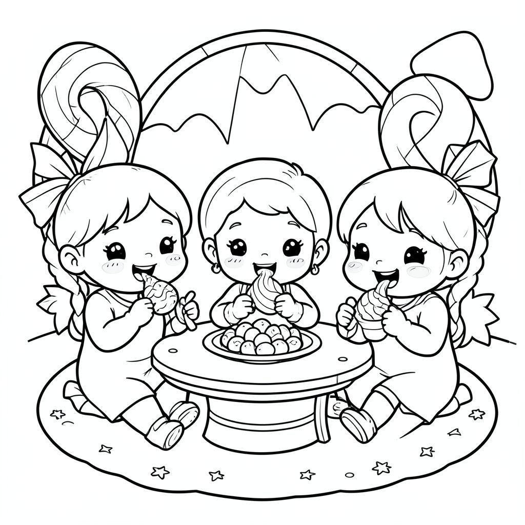 the trio playing in candy land, eating sweets happily, kawaii style, vector style, black and white, coloring book page, no shading, thick clean outlines, white background