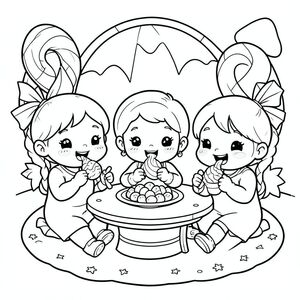the trio playing in candy land, eating sweets happily, kawaii style, vector style, black and white, coloring book page, no shading, thick clean outlines, white background