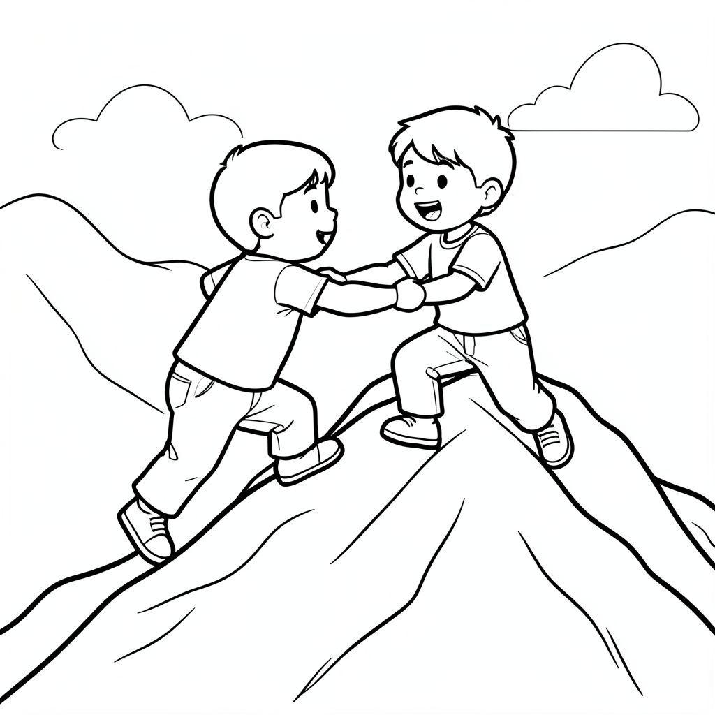 The trio climbing a small mountain together, helping each other, vector style, black and white, coloring book page, no shading, thick clean outlines, white background