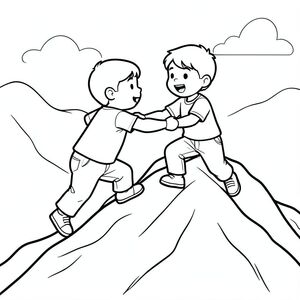 The trio climbing a small mountain together, helping each other, vector style, black and white, coloring book page, no shading, thick clean outlines, white background