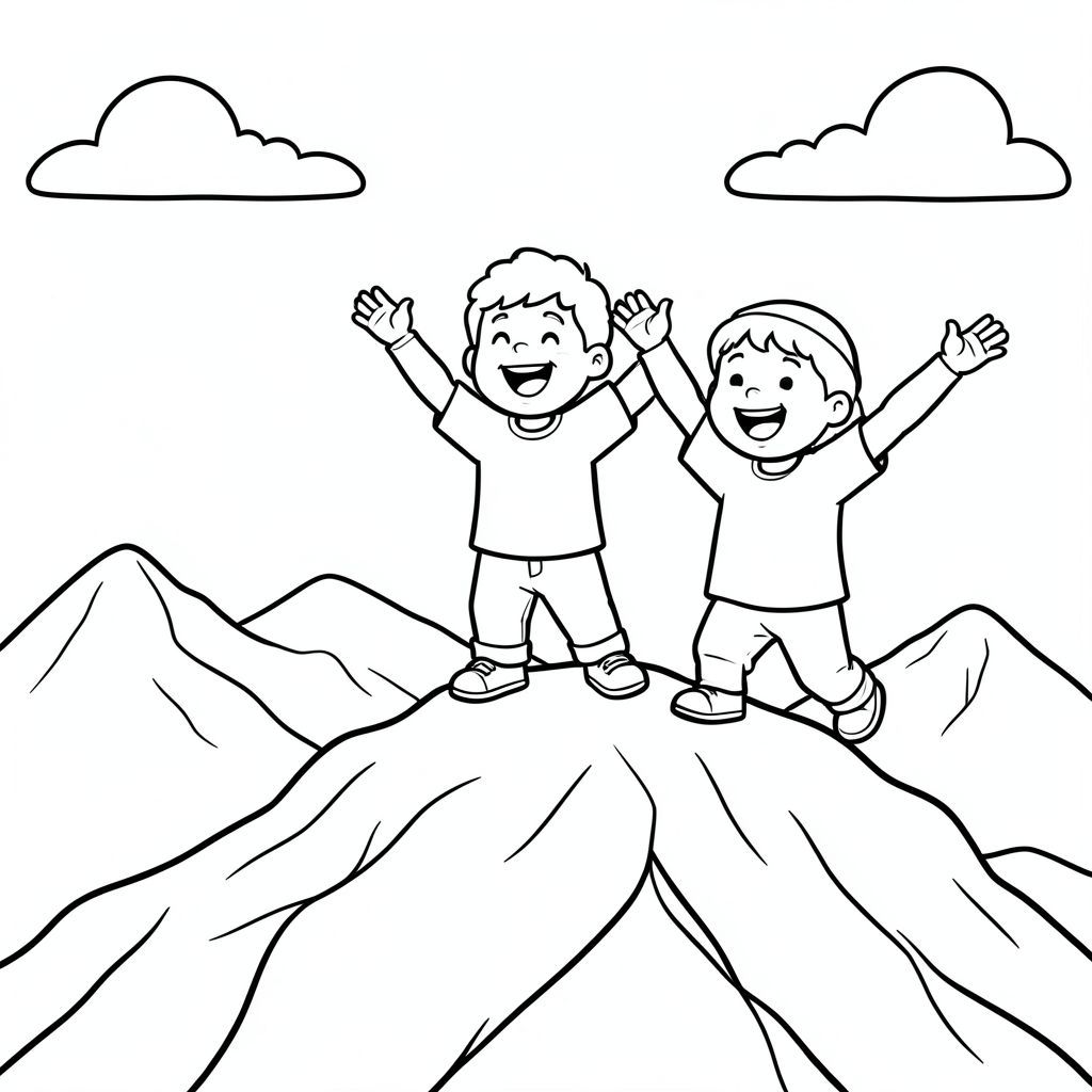 the trio reaching the mountain top and celebrating, joyful scene, vector style, black and white, coloring book page, no shading, thick clean outlines, white background