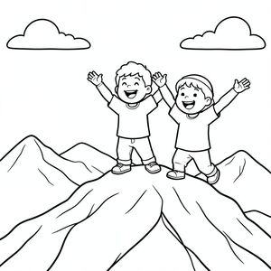 the trio reaching the mountain top and celebrating, joyful scene, vector style, black and white, coloring book page, no shading, thick clean outlines, white background