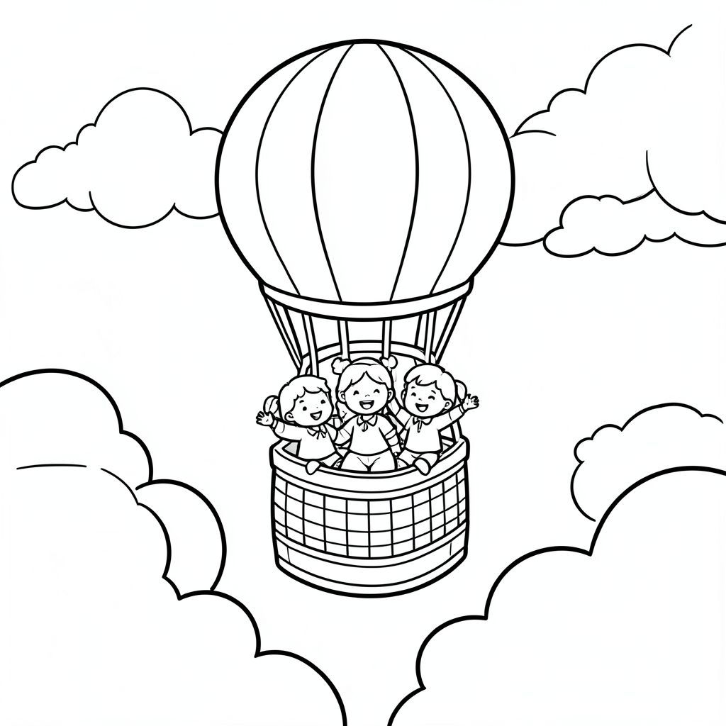 The trio flying in a hot air balloon above clouds, looking down happily, vector style, black and white, coloring book page, no shading, thick clean outlines, white background