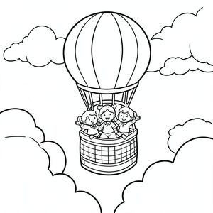 The trio flying in a hot air balloon above clouds, looking down happily, vector style, black and white, coloring book page, no shading, thick clean outlines, white background
