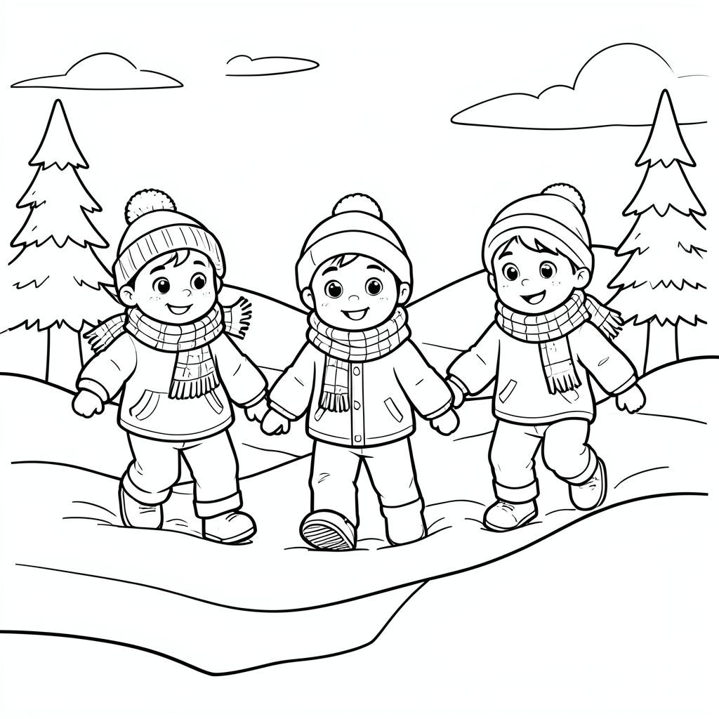 the three kids landing in a snowy land, wearing scarves, winter scene, vector style, black and white, coloring book page, no shading, thick clean outlines, white background