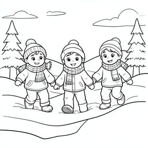 the three kids landing in a snowy land, wearing scarves, winter scene, vector style, black and white, coloring book page, no shading, thick clean outlines, white background