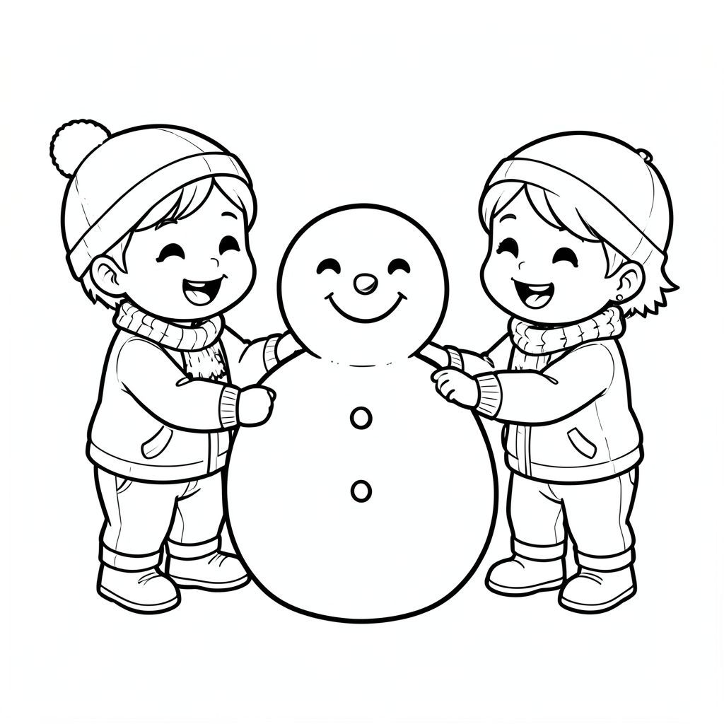 The three kids building a snowman together, laughing, kawaii style, vector style, black and white, coloring book page, no shading, thick clean outlines, white background