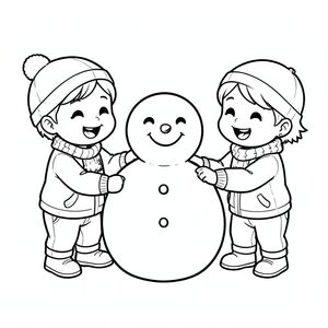 The three kids building a snowman together, laughing, kawaii style, vector style, black and white, coloring book page, no shading, thick clean outlines, white background