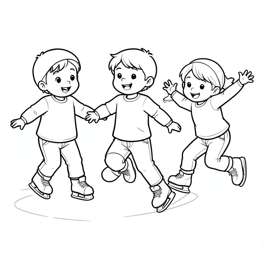 the three kids ice skating and slipping playfully, fun moment, vector style, black and white, coloring book page, no shading, thick clean outlines, white background