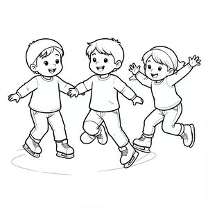 the three kids ice skating and slipping playfully, fun moment, vector style, black and white, coloring book page, no shading, thick clean outlines, white background