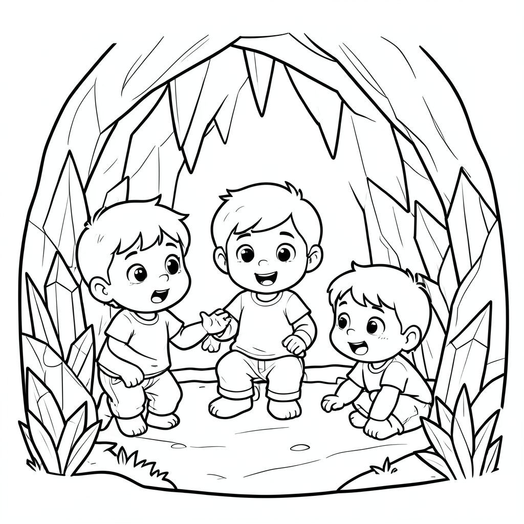 The trio discovering a magical cave with glowing crystals, curious expressions, vector style, black and white, coloring book page, no shading, thick clean outlines, white background
