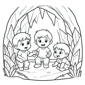 The trio discovering a magical cave with glowing crystals, curious expressions, vector style, black and white, coloring book page, no shading, thick clean outlines, white background
