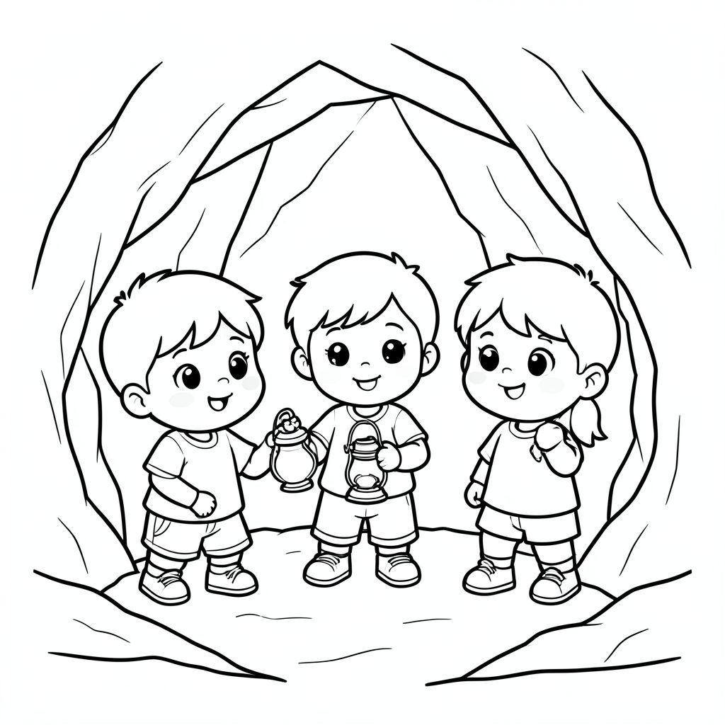 the three kids exploring inside the cave, holding a lantern, kawaii style, vector style, black and white, coloring book page, no shading, thick clean outlines, white background