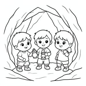 the three kids exploring inside the cave, holding a lantern, kawaii style, vector style, black and white, coloring book page, no shading, thick clean outlines, white background