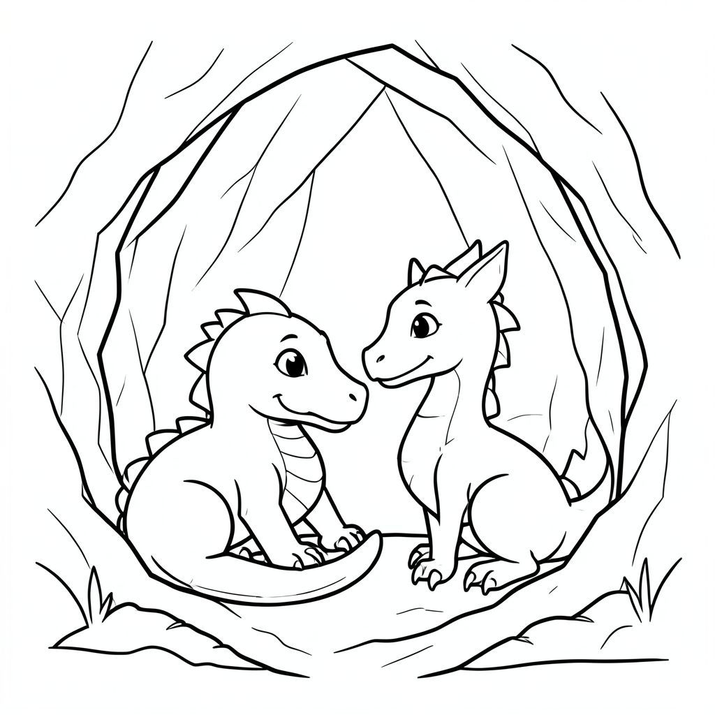 The trio finding a friendly dragon inside the cave, cute and non-scary, vector style, black and white, coloring book page, no shading, thick clean outlines, white background