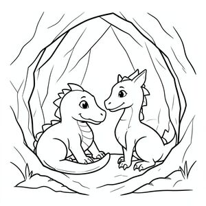 The trio finding a friendly dragon inside the cave, cute and non-scary, vector style, black and white, coloring book page, no shading, thick clean outlines, white background