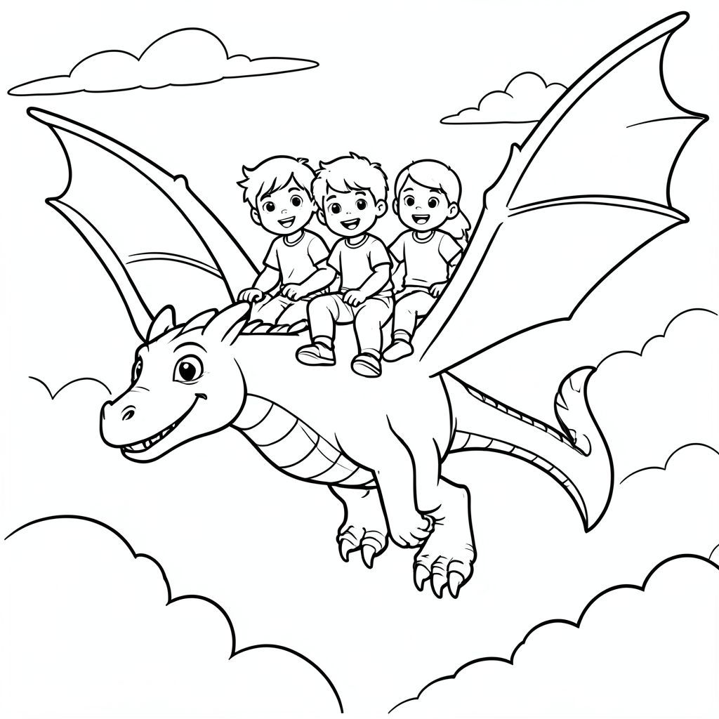 the three kids are riding on the dragon flying in the sky, adventure scene, vector style, black and white, coloring book page, no shading, thick clean outlines, white background