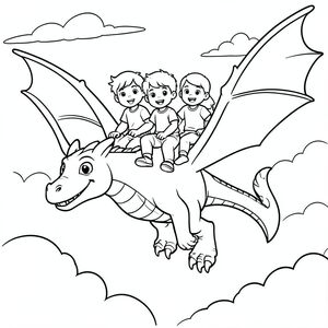 the three kids are riding on the dragon flying in the sky, adventure scene, vector style, black and white, coloring book page, no shading, thick clean outlines, white background