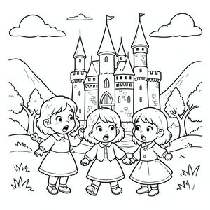 The trio arriving at a castle, looking amazed, fairy tale style, vector style, black and white, coloring book page, no shading, thick clean outlines, white background