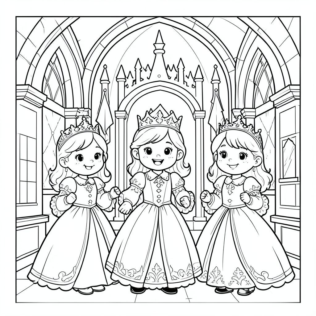 the three kids are dressed as prince and princess inside the castle, royal scene, vector style, black and white, coloring book page, no shading, thick clean outlines, white background