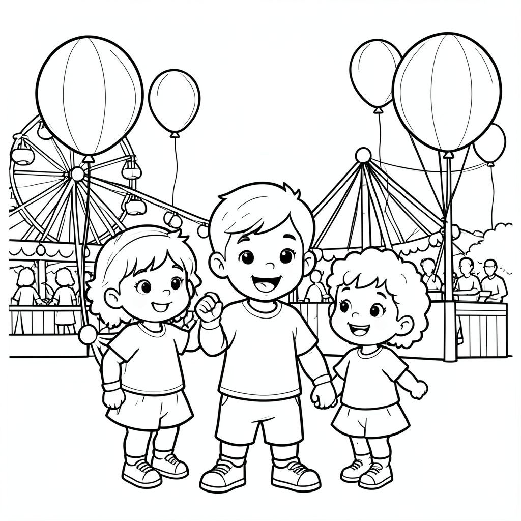 The trio attending a fun carnival, balloons and rides around, vector style, black and white, coloring book page, no shading, thick clean outlines, white background