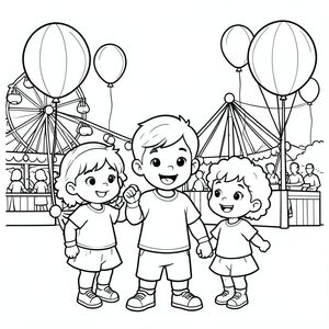 The trio attending a fun carnival, balloons and rides around, vector style, black and white, coloring book page, no shading, thick clean outlines, white background