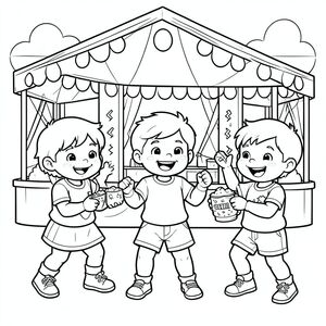 the three kids are playing games and winning prizes at the carnival, happy scene, vector style, black and white, coloring book page, no shading, thick clean outlines, white background