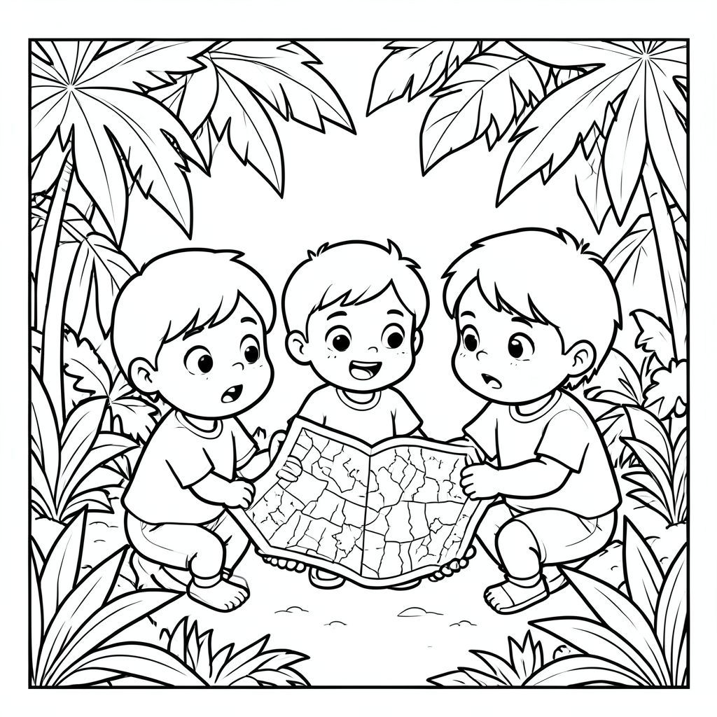 The trio getting lost in a jungle and looking at a map, curious expressions, vector style, black and white, coloring book page, no shading, thick clean outlines, white background