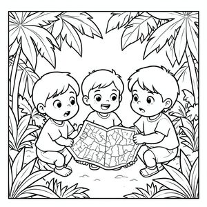 The trio getting lost in a jungle and looking at a map, curious expressions, vector style, black and white, coloring book page, no shading, thick clean outlines, white background