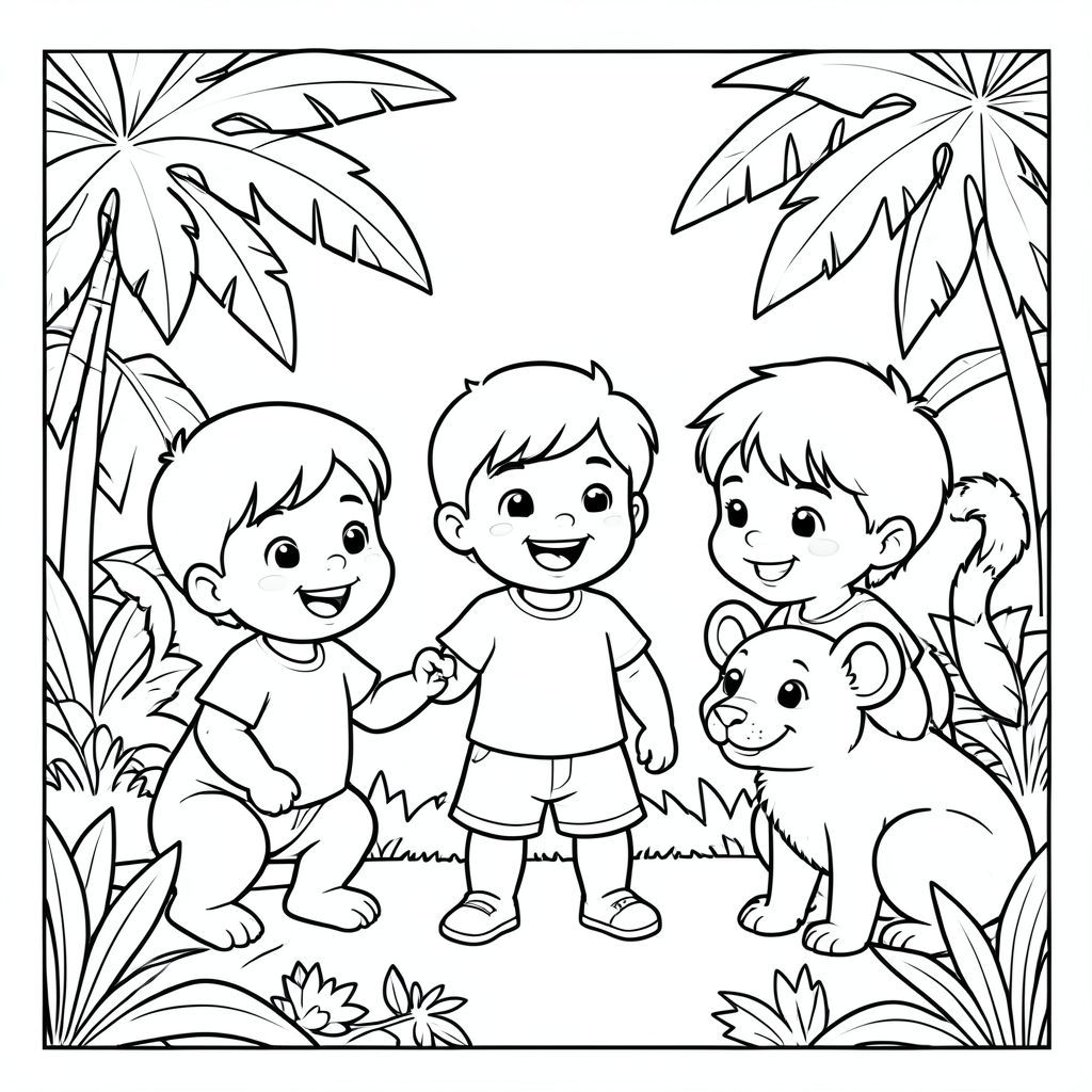 the three kids meeting friendly jungle animals, smiling together, vector style, black and white, coloring book page, no shading, thick clean outlines, white background