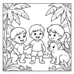 the three kids meeting friendly jungle animals, smiling together, vector style, black and white, coloring book page, no shading, thick clean outlines, white background