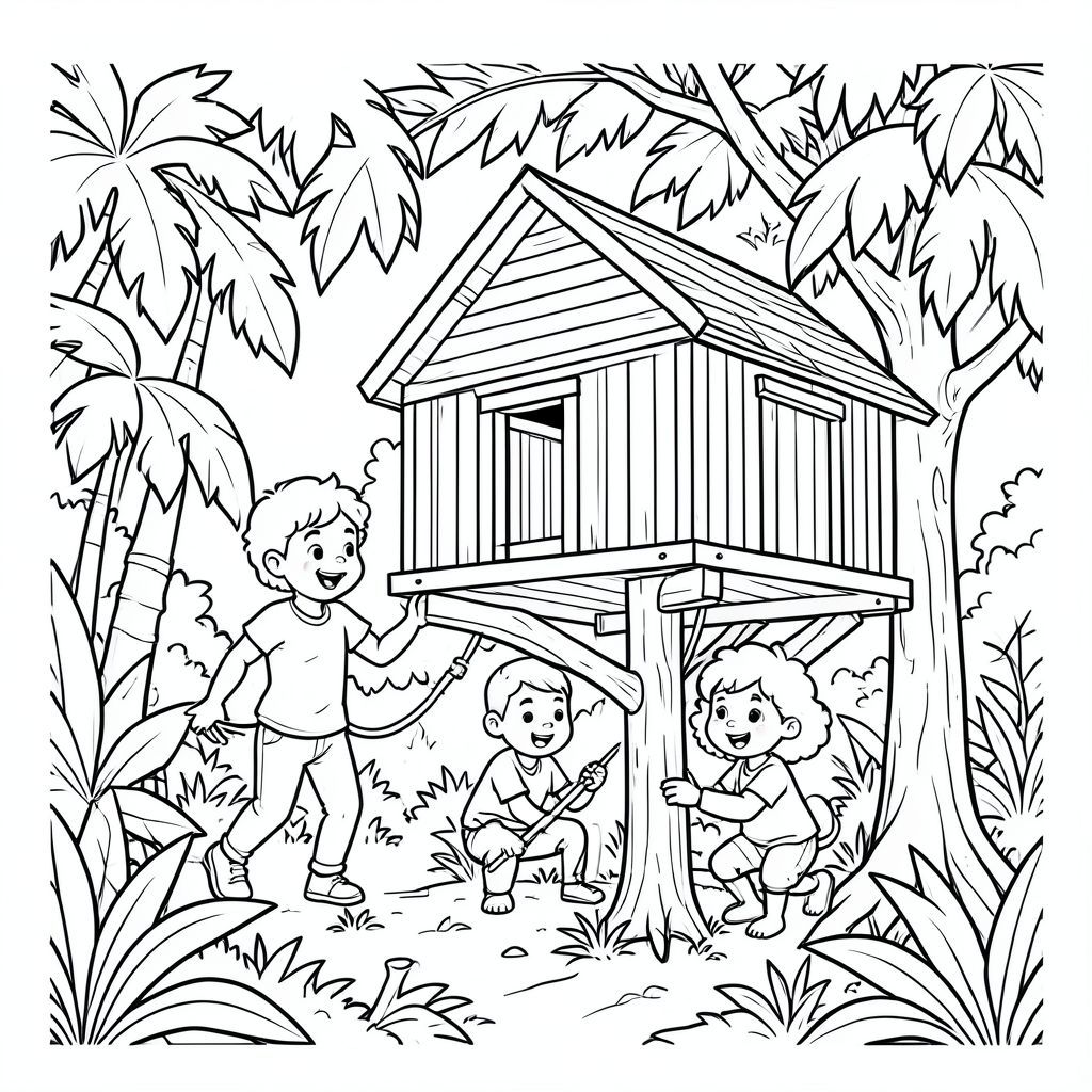 The trio building a treehouse together in the jungle, teamwork scene, vector style, black and white, coloring book page, no shading, thick clean outlines, white background