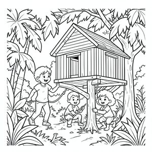 The trio building a treehouse together in the jungle, teamwork scene, vector style, black and white, coloring book page, no shading, thick clean outlines, white background
