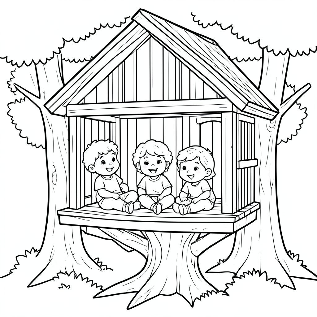 the three kids are relaxing in their treehouse, cozy and happy, vector style, black and white, coloring book page, no shading, thick clean outlines, white background